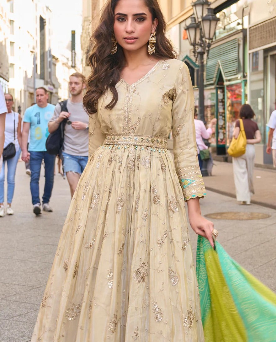 BLUE - Designer Beige Embroidered Indo Western Simar Silk Anarkali Gown